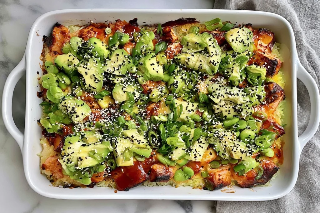 Lightened-Up Salmon Sushi Bake topped with avocado, scallions, edamame, sesame seeds, and spicy sauce in a white baking dish