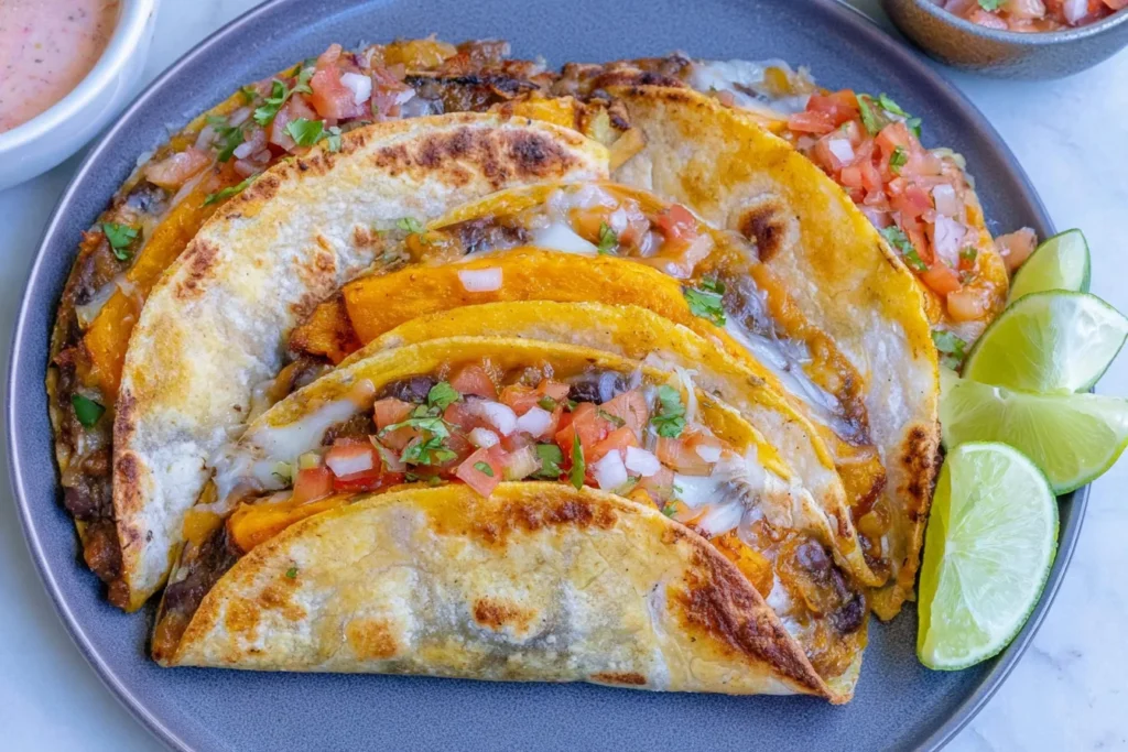 Pumpkin and Black Bean Tacos with melted cheese, pico de gallo, cilantro, and lime wedges on a plate.