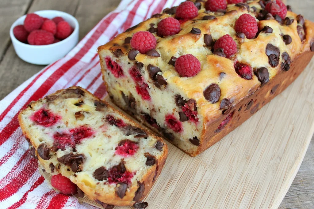 Raspberry Dark Chocolate Banana Bread with fresh raspberries, rich chocolate chunks, and a moist, golden crumb, sliced on a wooden board.
