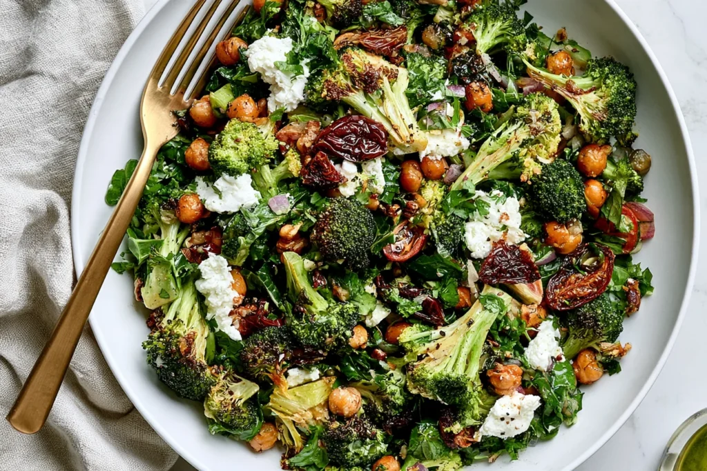 Roasted Broccoli and Chickpea Salad with charred broccoli, crispy chickpeas, creamy feta, fresh herbs, dates, and red onion.