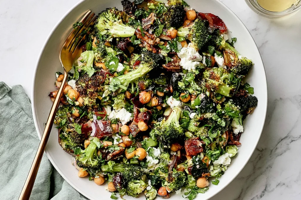 Roasted Broccoli and Chickpea Salad with crispy chickpeas, roasted broccoli, feta, fresh herbs, dates, and lemon dressing.