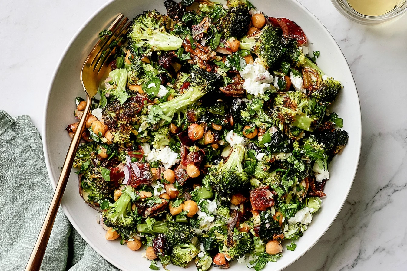 Roasted Broccoli and Chickpea Salad with crispy chickpeas, roasted broccoli, feta, fresh herbs, dates, and lemon dressing.