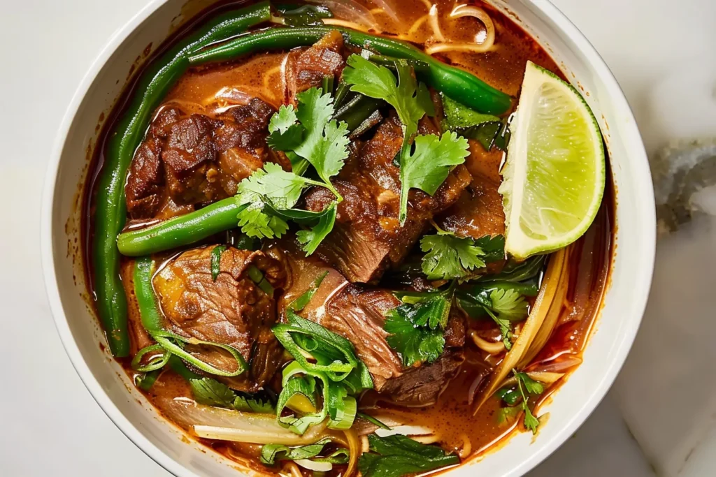 Slow-Cooker Beef Curry with tender beef chunks, Thai red coconut curry sauce, fresh green beans, cilantro, and lime in a white bowl.