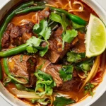 Slow-Cooker Beef Curry with tender beef chunks, Thai red coconut curry sauce, fresh green beans, cilantro, and lime in a white bowl.