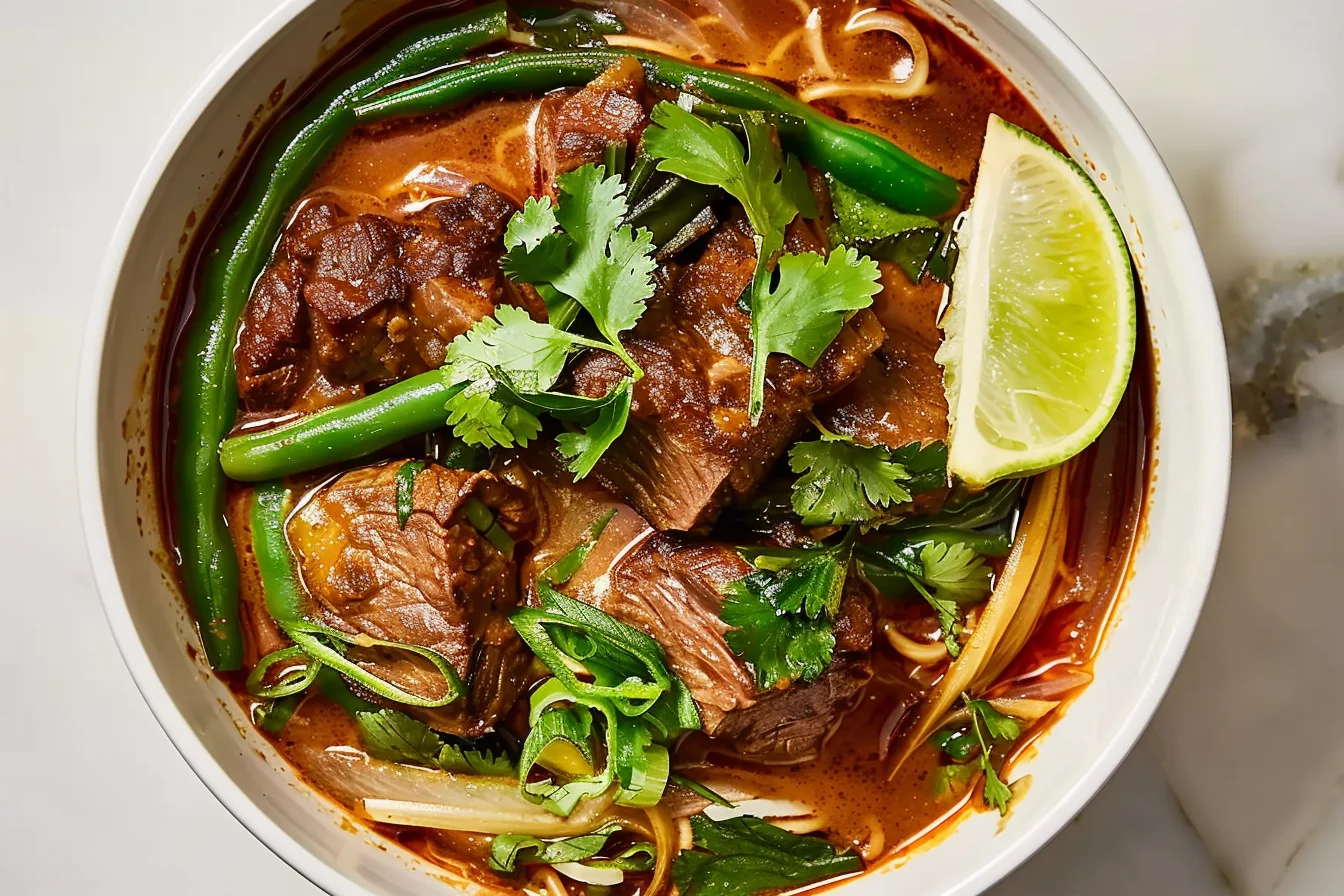 Slow-Cooker Beef Curry with tender beef chunks, Thai red coconut curry sauce, fresh green beans, cilantro, and lime in a white bowl.