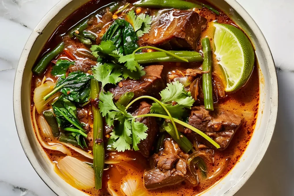 Slow-Cooker Beef Curry with tender beef chunks, green beans, spinach, fresh cilantro, and lime in a rich Thai red coconut curry sauce.