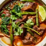 Slow-Cooker Beef Curry with tender beef chunks, green beans, spinach, fresh cilantro, and lime in a rich Thai red coconut curry sauce.