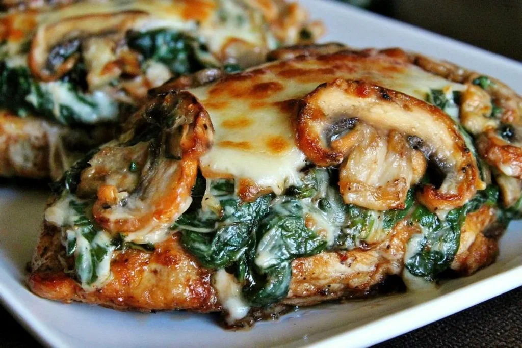Smothered Asiago Chicken with spinach, sautéed mushrooms, and melted Asiago cheese on a golden chicken breast