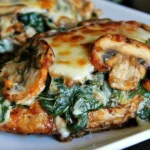 Smothered Asiago Chicken with spinach, sautéed mushrooms, and melted Asiago cheese on a golden chicken breast