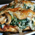 Smothered Asiago Chicken topped with sautéed spinach, mushrooms, and melted Asiago cheese