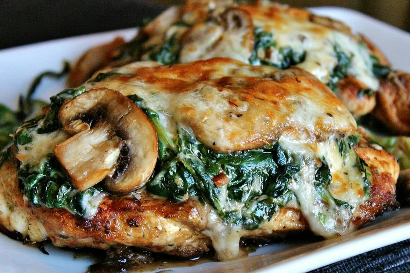 Smothered Asiago Chicken topped with sautéed spinach, mushrooms, and melted Asiago cheese