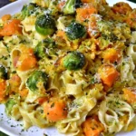 Squash and Sprouts Butter Parmesan Pasta with roasted Brussels sprouts, butternut squash, Parmesan cheese, and fresh herbs.