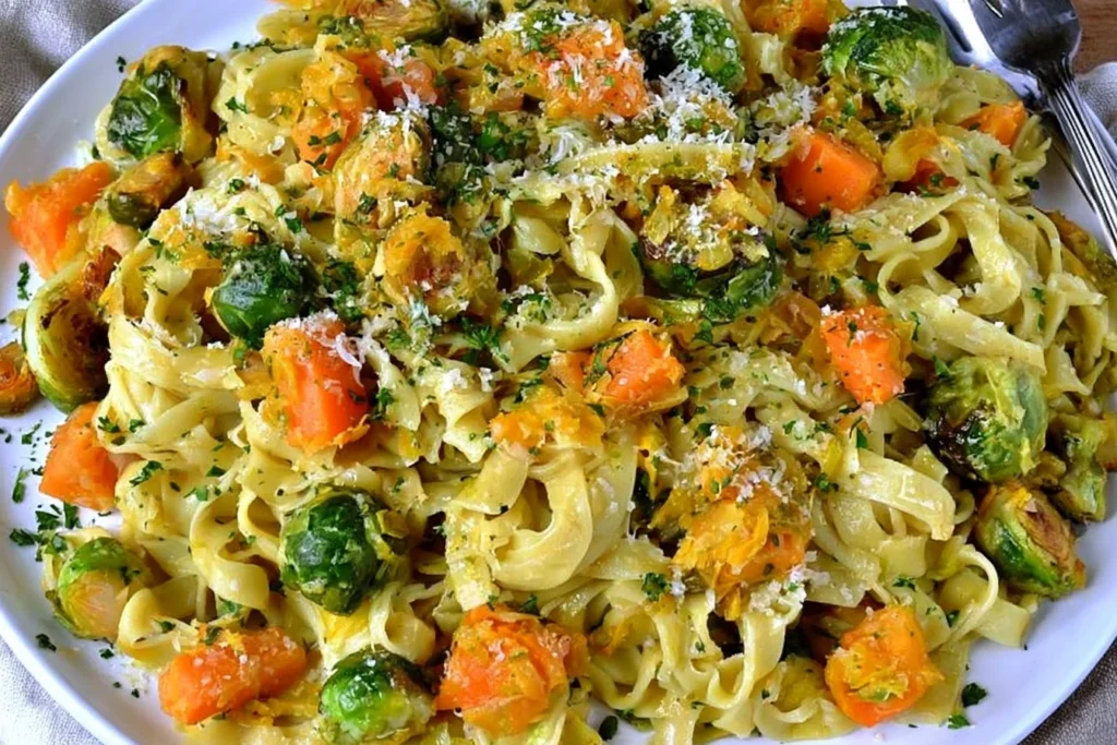 Squash and Sprouts Butter Parmesan Pasta with roasted Brussels sprouts, butternut squash, Parmesan, and fresh parsley.