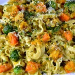 Squash and Sprouts Butter Parmesan Pasta with roasted Brussels sprouts, butternut squash, Parmesan, and fresh parsley.