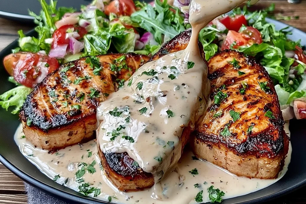 Tuna Steaks with Creamy Garlic Sauce & Salad featuring golden-seared tuna steaks topped with rich garlic cream sauce, fresh parsley, cherry tomatoes, and mixed greens.