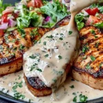 Tuna Steaks with Creamy Garlic Sauce & Salad featuring golden-seared tuna steaks topped with rich garlic cream sauce, fresh parsley, cherry tomatoes, and mixed greens.