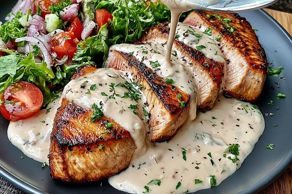Tuna Steaks with Creamy Garlic Sauce & Salad featuring thick, golden-seared tuna steaks drizzled with creamy garlic herb sauce, served with fresh mixed greens, cherry tomatoes, and cucumber