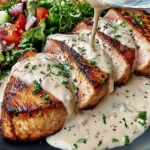 Tuna Steaks with Creamy Garlic Sauce & Salad featuring thick, golden-seared tuna steaks drizzled with creamy garlic herb sauce, served with fresh mixed greens, cherry tomatoes, and cucumber
