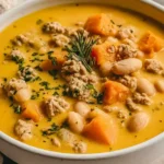 Turkey Pumpkin White Bean Chili with ground turkey, creamy pumpkin broth, white beans, herbs, and tender vegetables in a cozy bowl.