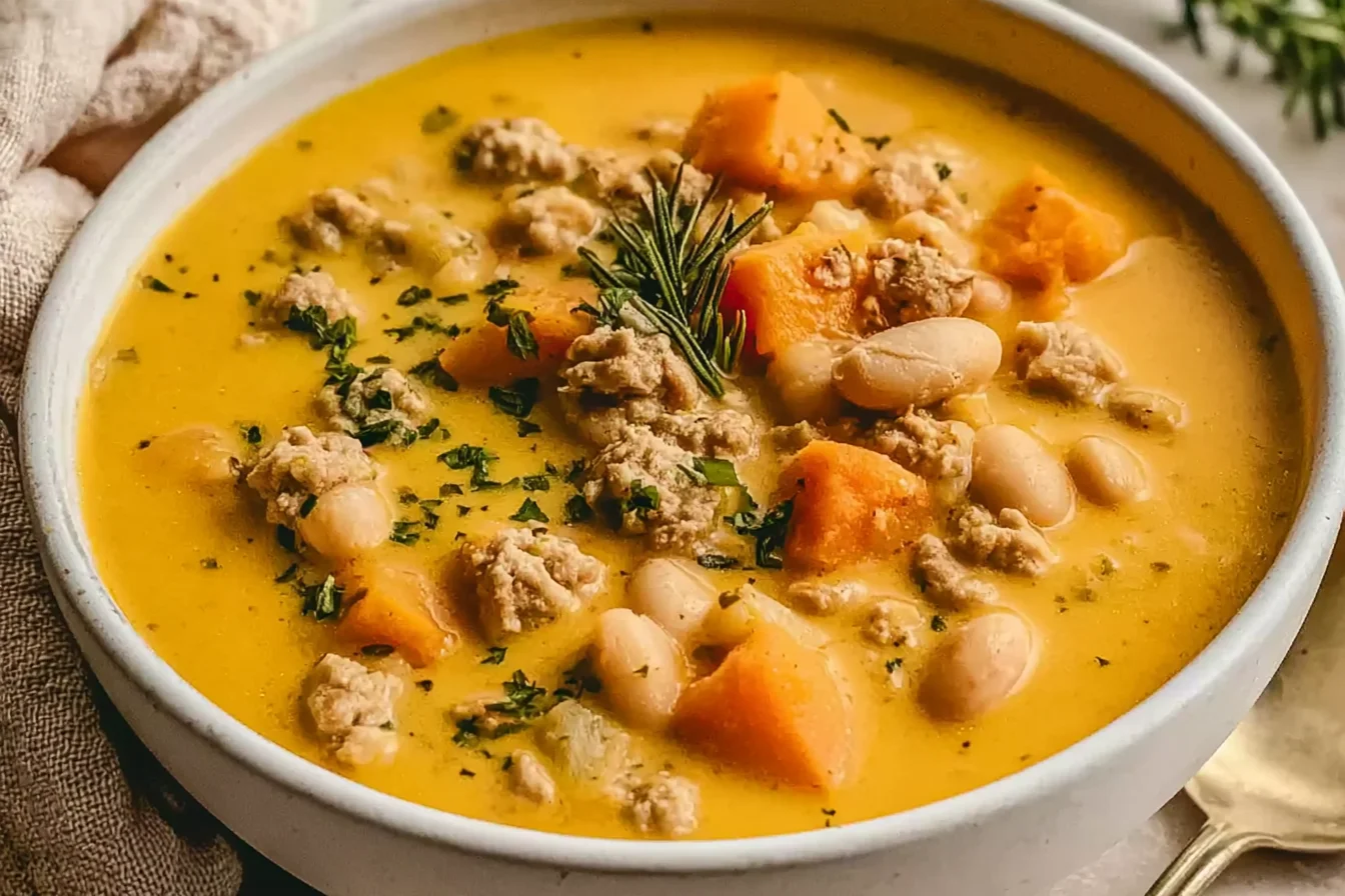Turkey Pumpkin White Bean Chili with ground turkey, creamy pumpkin broth, white beans, herbs, and tender vegetables in a cozy bowl.